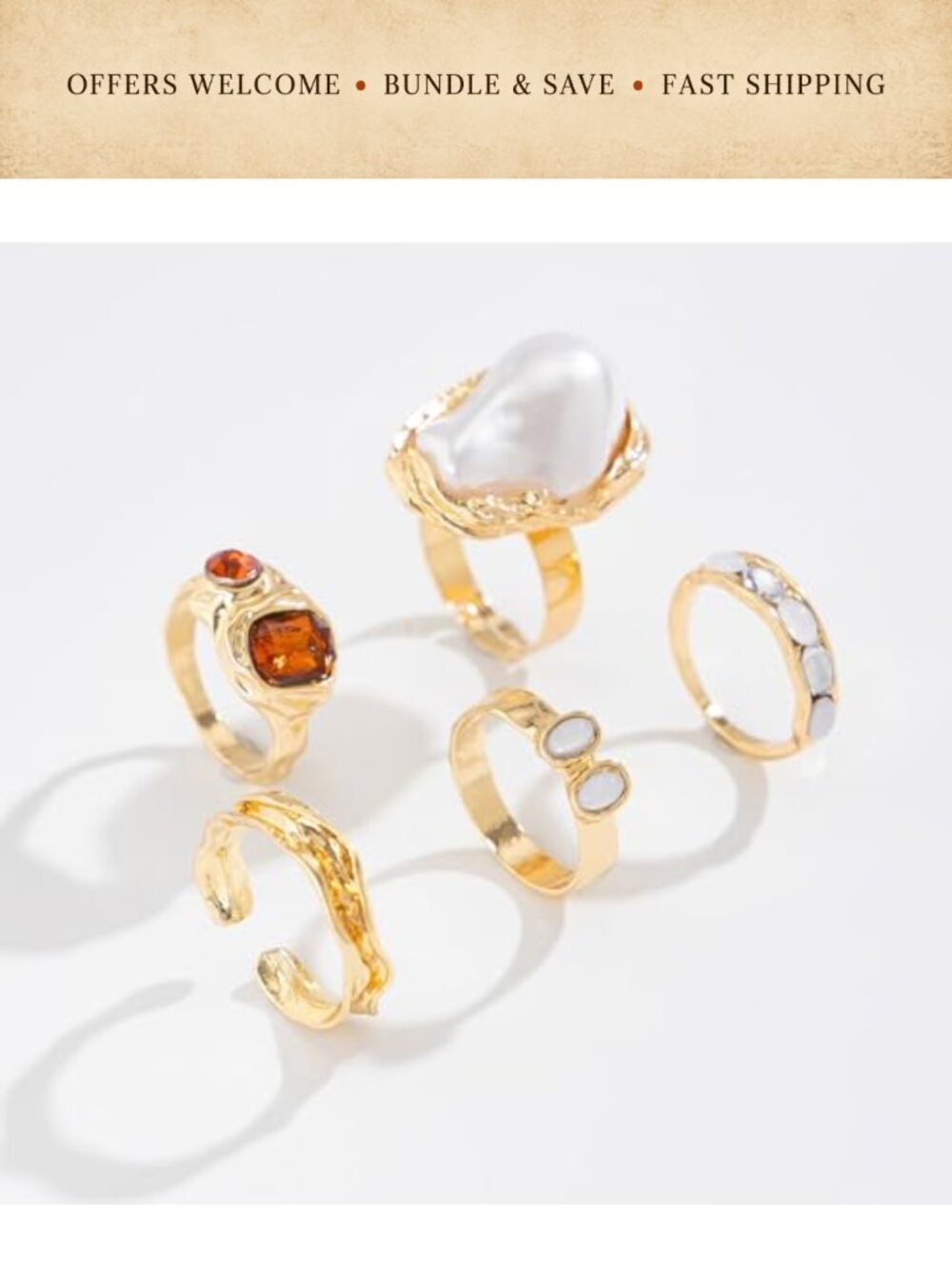 Chunky Gold Tone Ring Set Adjustable Stackable Statement Rings - Picture 3 of 4